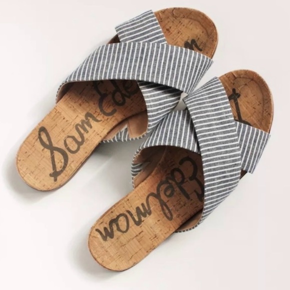 Sam Edelman | Women’s Blue/White Stripe Hattie Crisscross Canvas Slip On Flats - Picture 1 of 16